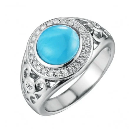 Multi - Gemstone Rings with a Rainbow of ColorsSterling Silver Alamea Round Larimar CZ Halo Filigree Ring