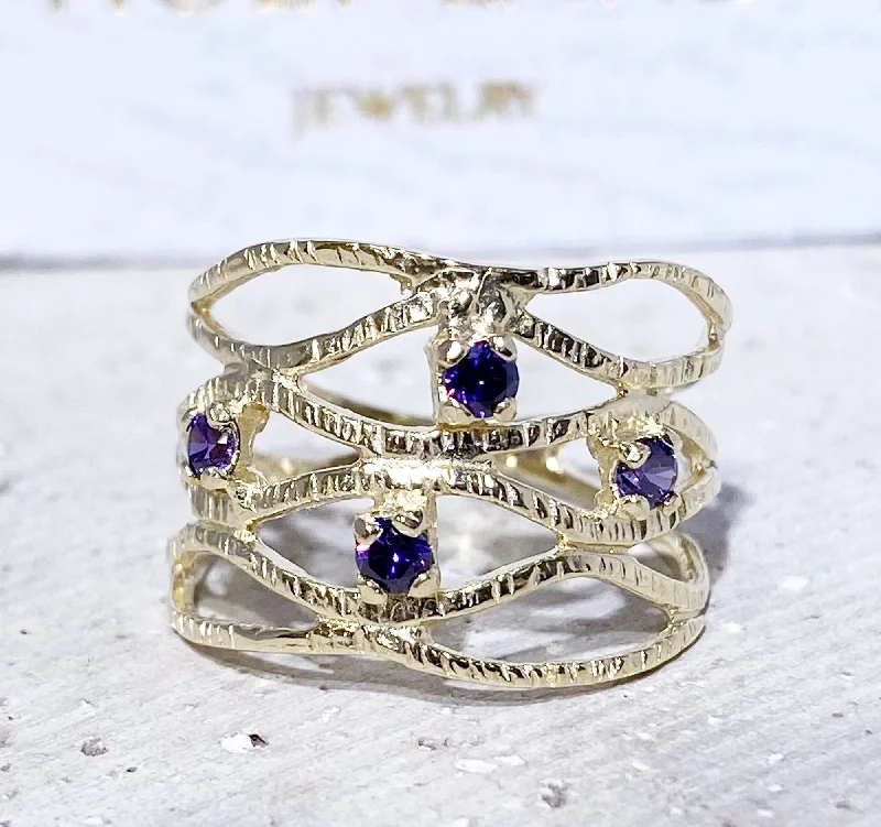 Multi - Gemstone Rings with a Rainbow of ColorsPurple Amethyst Ring - February Birthstone - Hammered Ring with Four Round Purple Amethyst Gemstones