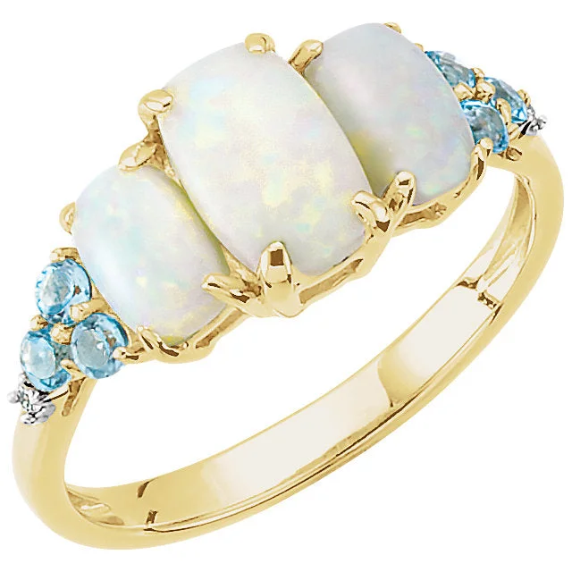 Ruby Gemstone Rings with Diamond Accents14k Yellow Gold Genuine Opal, Swiss Blue Topaz & Diamond Ring