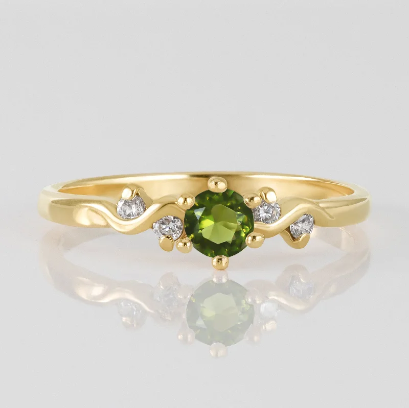 Multi - Gemstone Rings with a Rainbow of ColorsPeridot Ring - August Birthstone - Round Peridot Gemstone Delicate Ring with Clear Quartz Accents