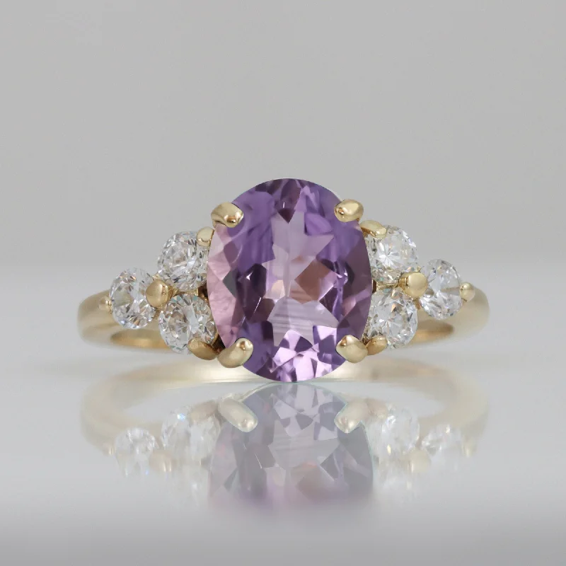 Amethyst Gemstone Rings in a Vintage - Style SettingPurple Amethyst Ring - February Birthstone - Oval Purple Amethyst Gemstone Statement Engagement Ring with Clear Quartz Accents