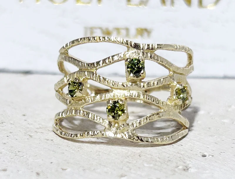 Ruby Gemstone Rings with Diamond AccentsPeridot Ring - August Birthstone - Hammered Ring with Four Round Peridot Gemstones