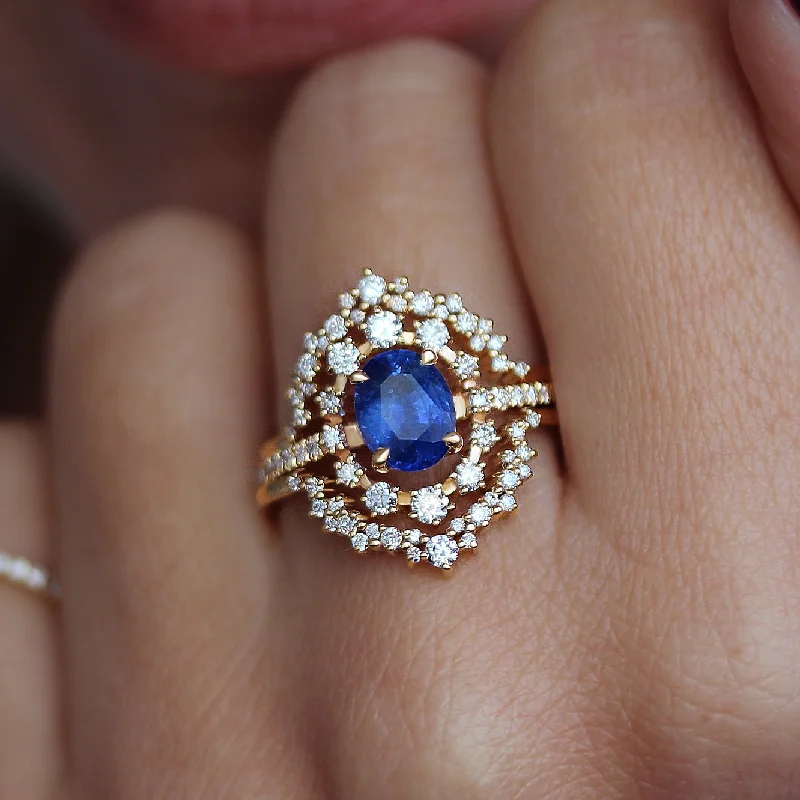 Sapphire Gemstone Rings in a Cathedral SettingOval Sapphire & Diamond Wedding Three Rings Set, Glory ♥