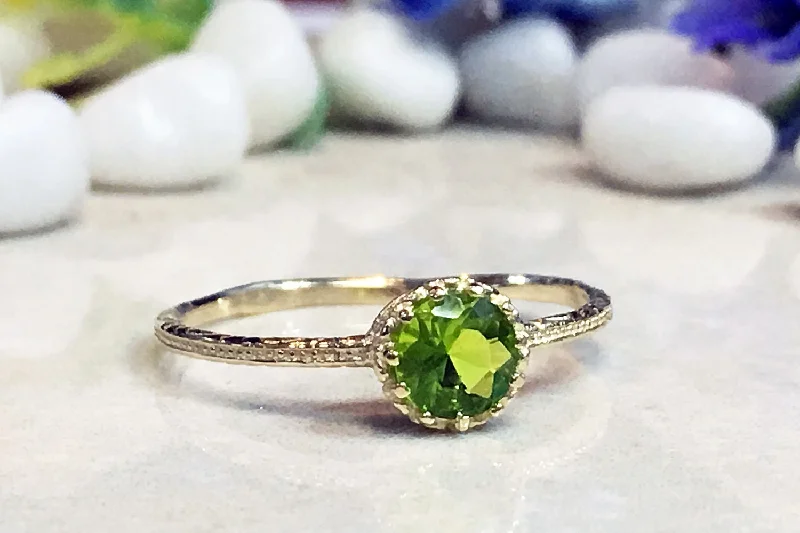 Amethyst Gemstone Rings in a Vintage - Style SettingPeridot Ring - August Birthstone - Delicate Hammered Ring with Round Peridot Gemstone