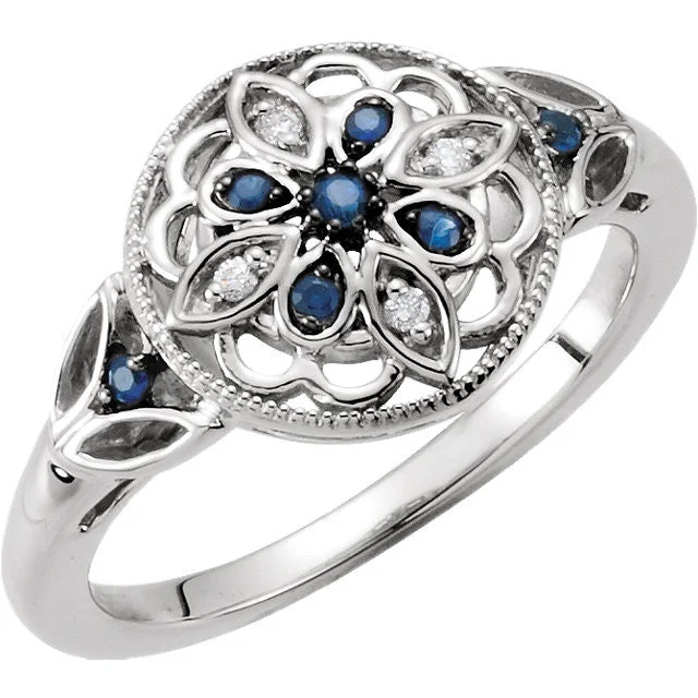 Ruby Gemstone Rings with Diamond AccentsSterling Silver Genuine Blue Sapphire & Diamond Floral Filigree Ring