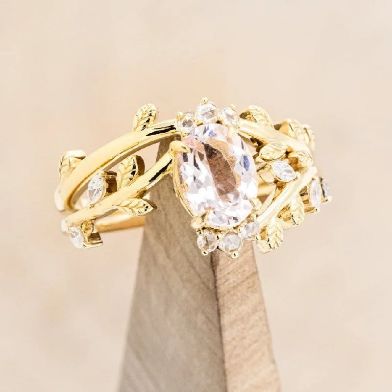 "CAELUM" - VINE STYLE OVAL MORGANITE ENGAGEMENT RING SET WITH LEAF & DIAMOND ACCENTS