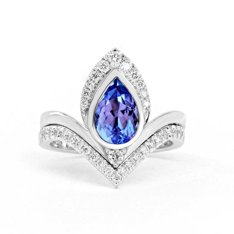 Emerald Gemstone Rings with Filigree - Bordered SettingsPear Tanzanite & Diamonds Unique Engagement Ring Set - Atyasha