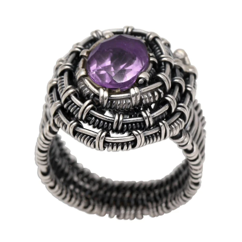 Emerald Gemstone Rings with Filigree - Bordered SettingsNovica Handmade Guarded Wire In Purple Amethyst Cocktail Ring