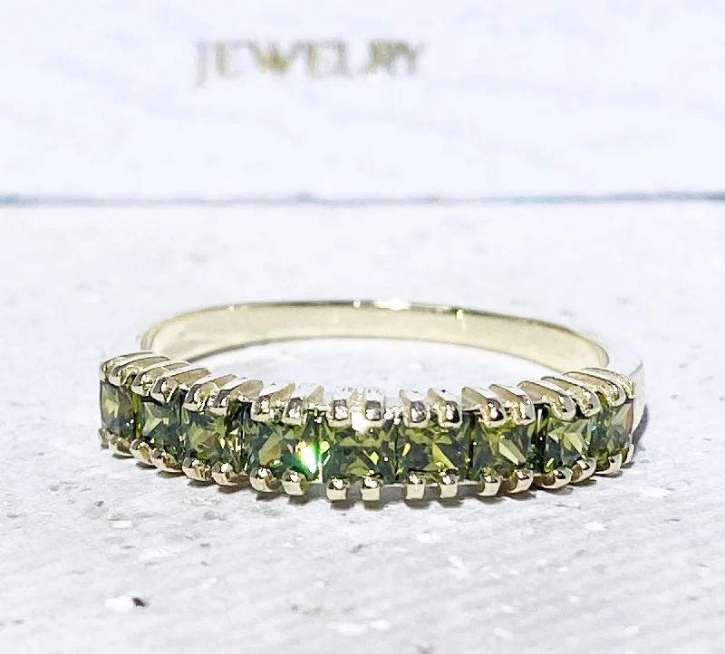 Multi - Gemstone Rings with a Rainbow of ColorsPeridot Ring - August Birthstone -  Stacking Ring with Nine Square Peridot Gemstones