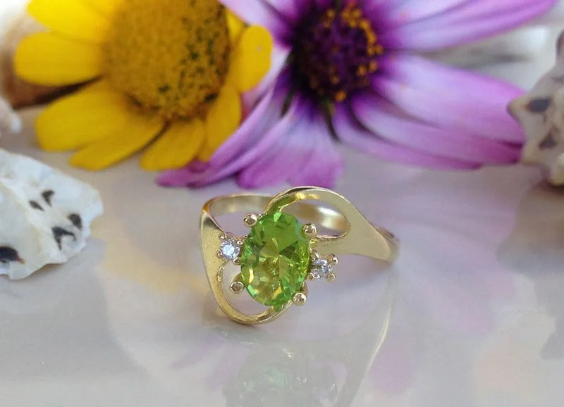 Amethyst Gemstone Rings in a Vintage - Style SettingPeridot Ring - August Birthstone - Delicate Ring with Oval Peridot Gemstone and Clear Quartz Accents