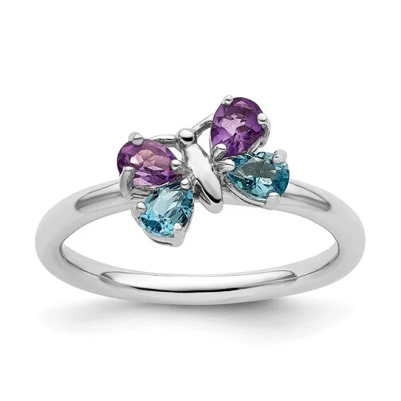 Multi - Gemstone Rings with a Rainbow of ColorsSterling Silver Stackable Expressions Blue Topaz & Amethyst Butterfly Ring