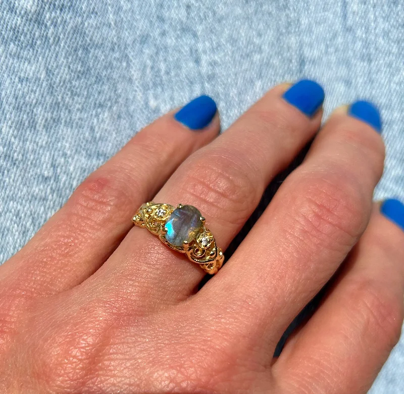 Sapphire Gemstone Rings in a Cathedral SettingLabradorite Ring - Lace Ring with Oval Labradorite Gemtone and Clear Quartz Accents