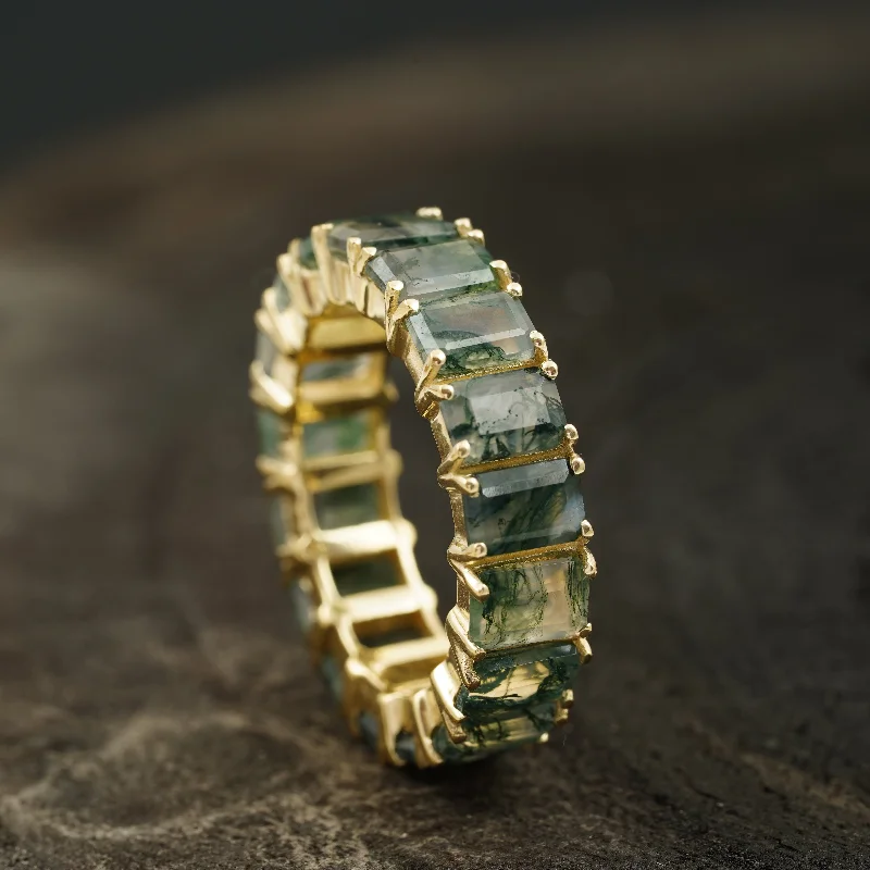 Wedding Bands with Micro - Pave Diamond AccentsBaguette Cut Moss Agate Wedding Band 10K Sold Gold