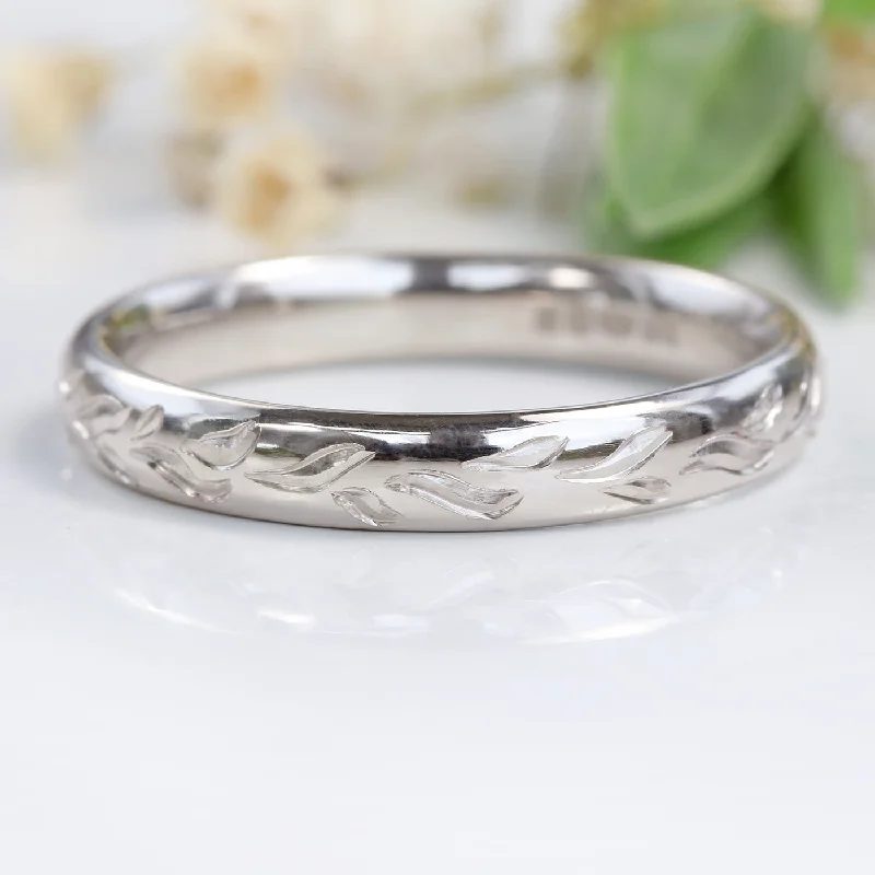 Custom - Engraved Wedding Bands with a Special Message18ct White Gold Engraved Leaves 3mm Comfort Fit Court Wedding Ring