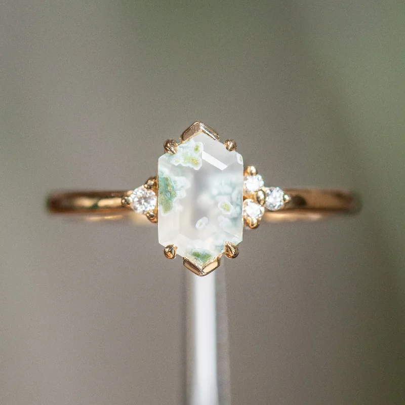 Emerald Gemstone Rings with Filigree - Bordered SettingsElongated Hexagon Moss Agate Rings with Diamond Side Stones in 14K Yellow & White Gold