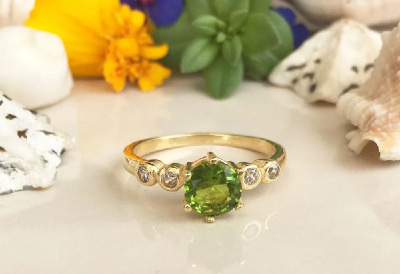 Amethyst Gemstone Rings in a Vintage - Style SettingPeridot Ring - August Birthstone - Delicate Ring with Round Peridot Gemstone and Clear Quartz Accents