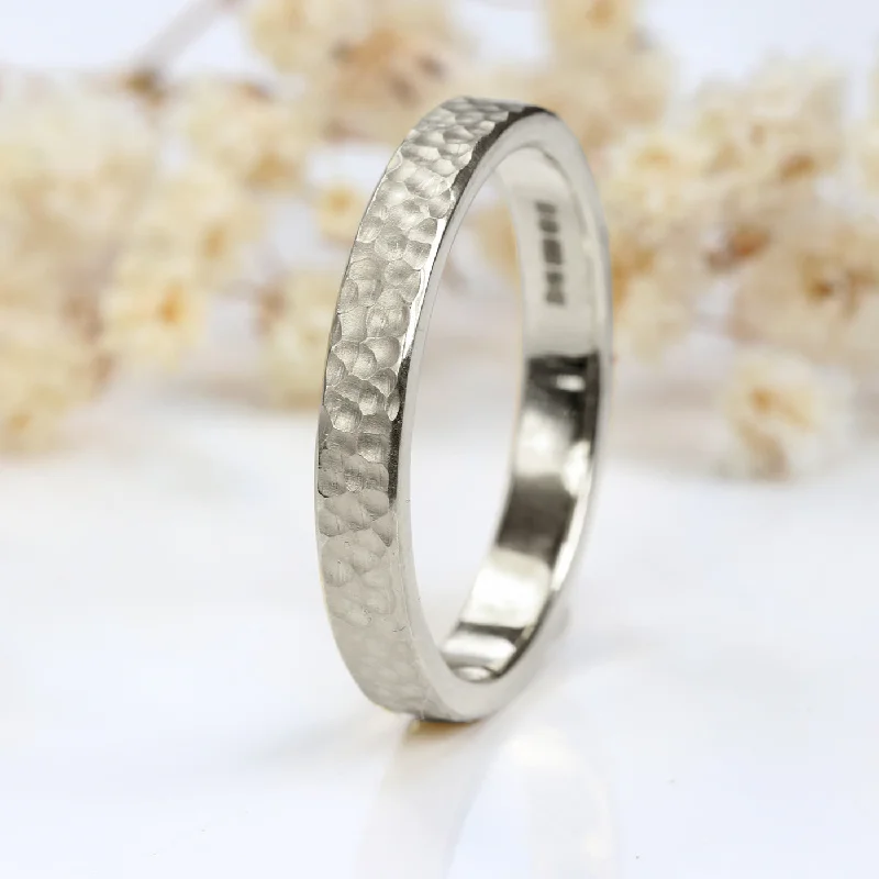 Two - Tone Wedding Bands in Gold and Platinum3mm Flat Hammered White Gold Wedding Ring