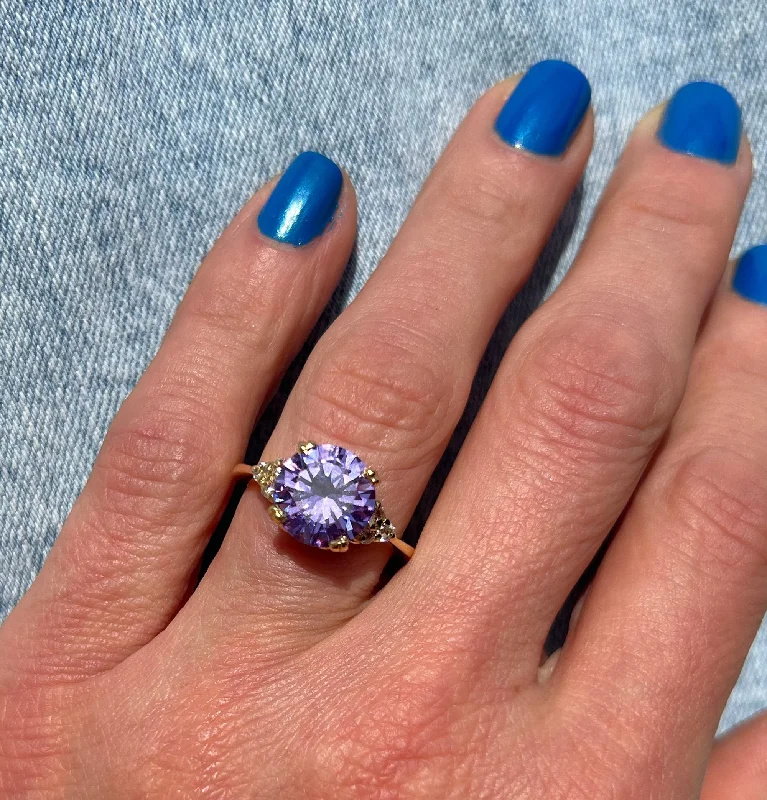 Sapphire Gemstone Rings in a Cathedral SettingLavender Amethyst Ring - Statement Engagement Ring with Round Lavender Amethyst Gemstone and Clear Quartz Accents