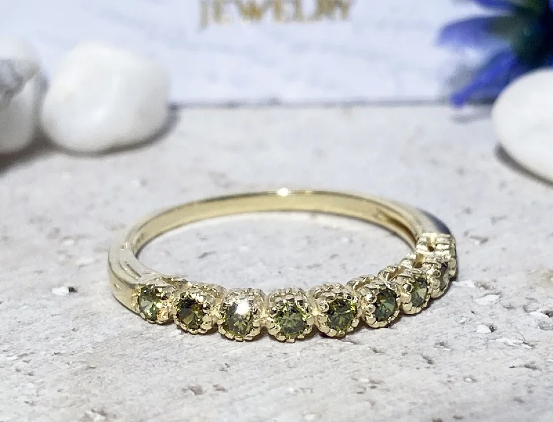 Ruby Gemstone Rings with Diamond AccentsPeridot Ring - August Birthstone - Stacking Half Eternity Ring with Nine Round Peridot Gemstones