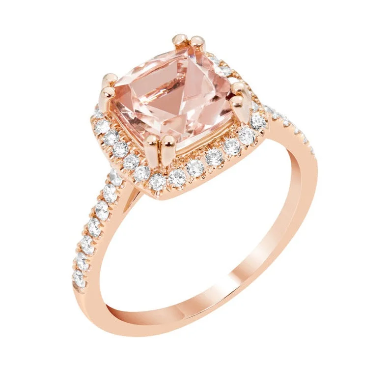 Amethyst Gemstone Rings in a Vintage - Style Setting14k Rose Gold 8mm Princess Cushion Morganite & Diamond Halo Ring