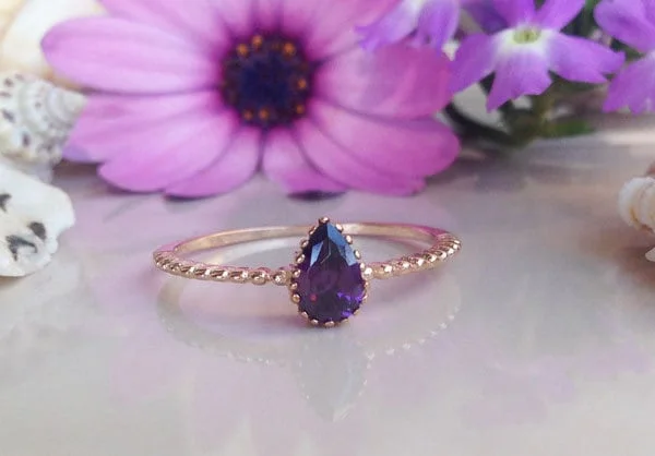 Amethyst Gemstone Rings in a Vintage - Style SettingPurple Amethyst Ring - February Birthstone - Simple Delicate Ring with Pear-Shaped Purple Amethyst Gemstone