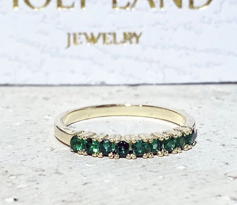 Emerald Gemstone Rings with Filigree - Bordered SettingsEmerald Ring - May Birthstone Jewelry - Stacking Half Eternity Ring with Nine Round Emeralds