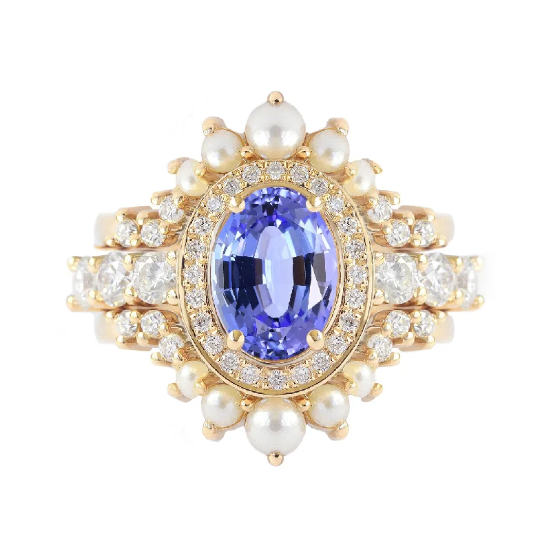 Multi - Gemstone Rings with a Rainbow of ColorsOval Tanzanite, Diamond and Pearls, Wedding Three Rings Set, Scarlett ♥