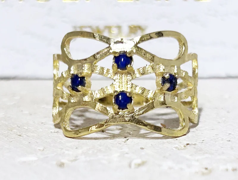 Sapphire Gemstone Rings in a Cathedral SettingLapis Lazuli Ring - Hammered Ring with Four Round Lapis Lazuli Gemstones