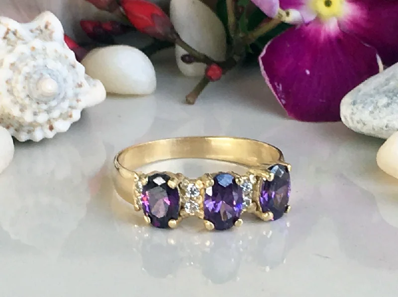 Multi - Gemstone Rings with a Rainbow of ColorsPurple Amethyst Ring - February Birthstone - Ring with Three Oval Purple Amethyst Gemstones and Clear Quartz Accents