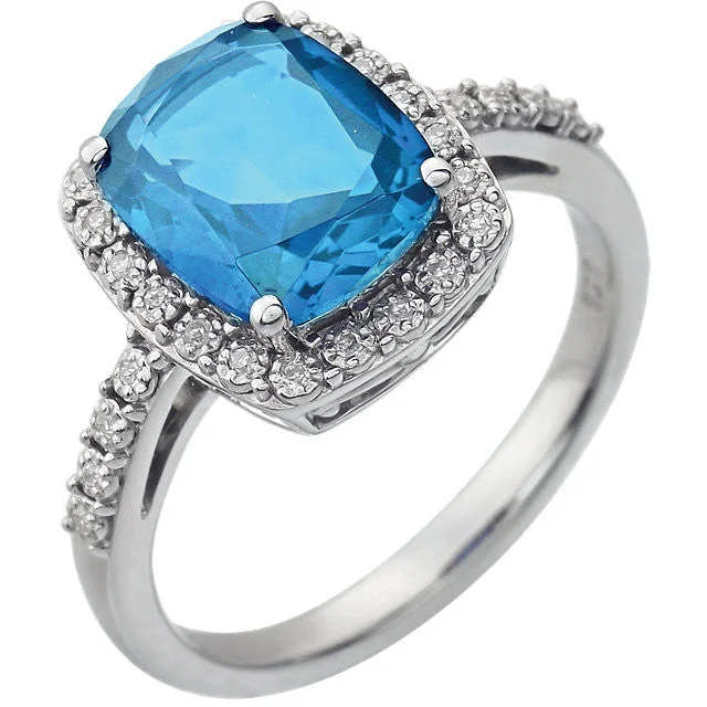 Ruby Gemstone Rings with Diamond Accents14k White Gold 10x8 Cushion Swiss Blue Topaz & Diamond Halo Ring