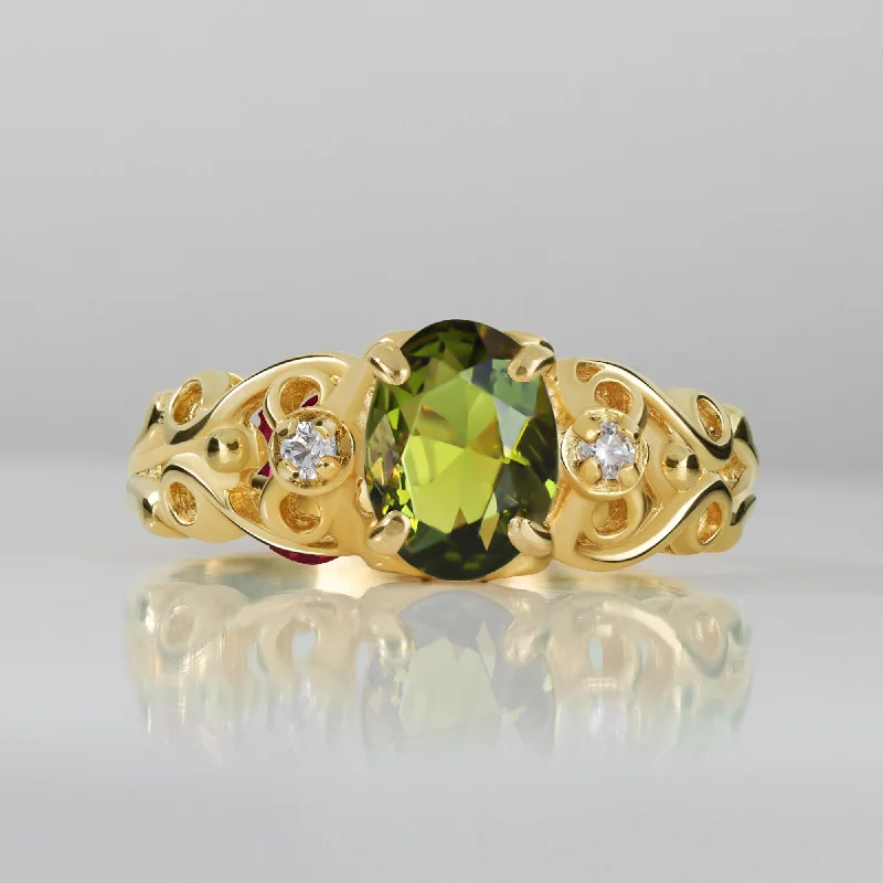 Amethyst Gemstone Rings in a Vintage - Style SettingPeridot Ring - August Birthstone - Oval Peridot Gemstone Lace Ring with Clear Quartz Accents