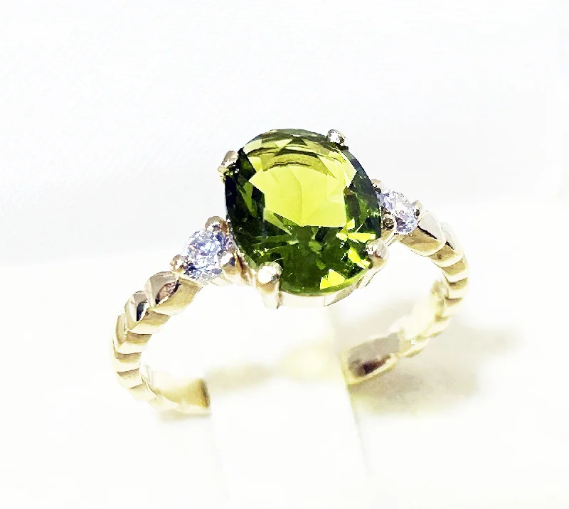 Emerald Gemstone Rings with Filigree - Bordered SettingsPeridot Ring - August Birthstone - Oval Peridot Gemstone Ring with Clear Quartz Accents