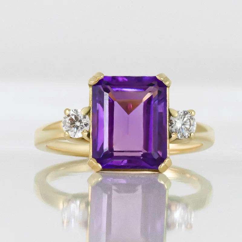 Ruby Gemstone Rings with Diamond AccentsPurple Amethyst Ring - February Birthstone - Emerald-Cut Purple Amethyst Gemstone Statement Engagement Ring with Clear Quartz Accents