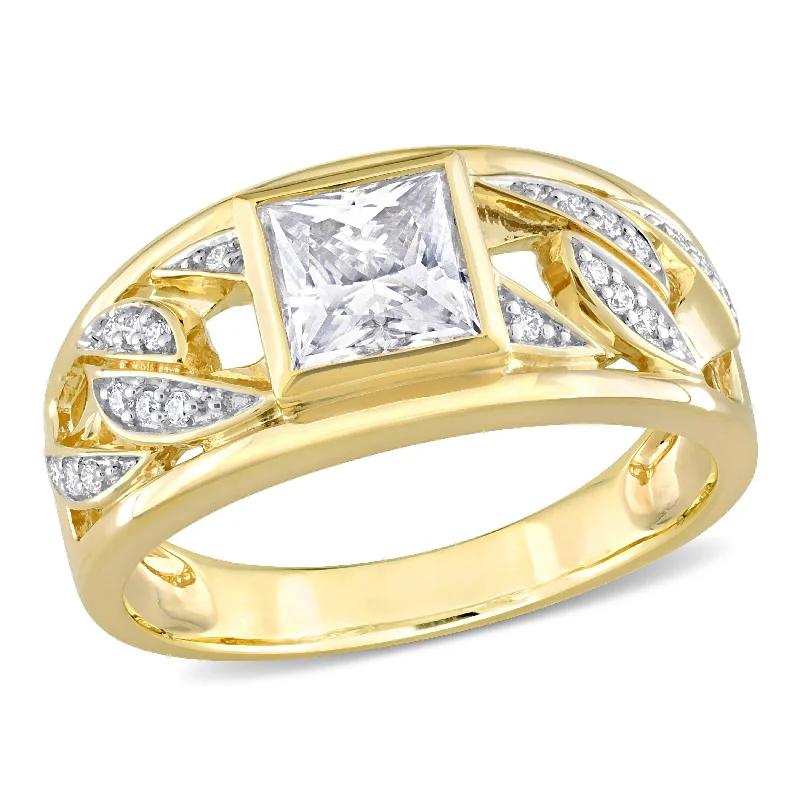 Vintage - Inspired Diamond Rings with Filigree WorkMiadora 1 1/3 CT TW Moissanite Mens Ring with Link Design in 10k Yellow Gold