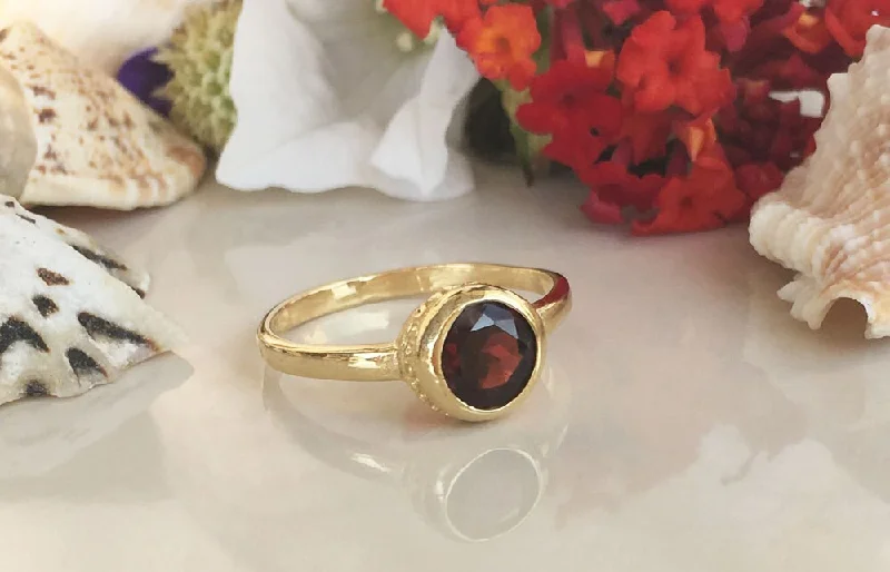 Sapphire Gemstone Rings in a Cathedral SettingRed Garnet Ring - January Birthstone - Simple Bezel Set Ring with Round Red Garnet Gemstone