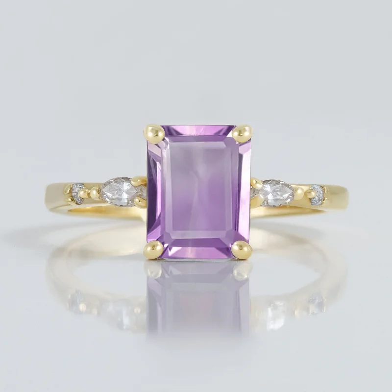 Ruby Gemstone Rings with Diamond AccentsPurple Amethyst Ring - February Birthstone - Octagon Purple Amethyst Gemstone Statement Engagement Ring with Clear Quartz Accents