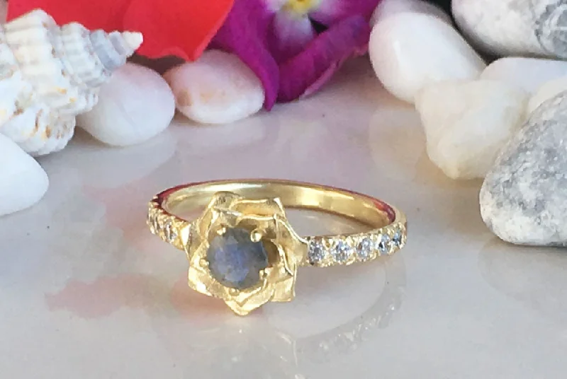 Sapphire Gemstone Rings in a Cathedral SettingLabradorite Ring - Camellia Ring with Labradorite Gemstone and Clear Quartz Accents