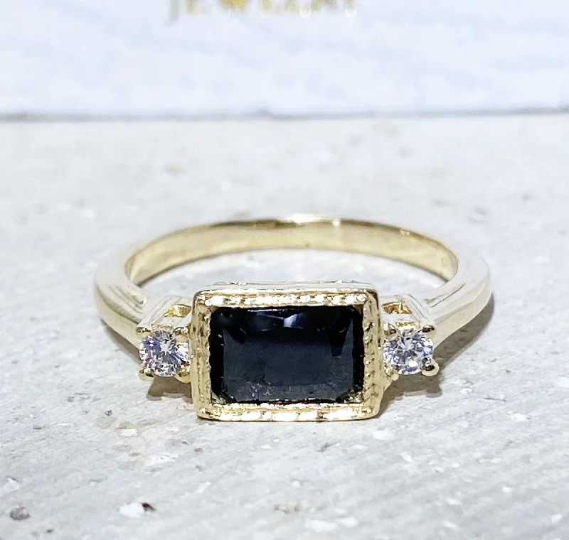 Emerald Gemstone Rings with Filigree - Bordered SettingsBlack Onyx Ring - December Birthstone - Simple Ring with Octagon Black Onyx Gemstone and Clear Quartz Accents