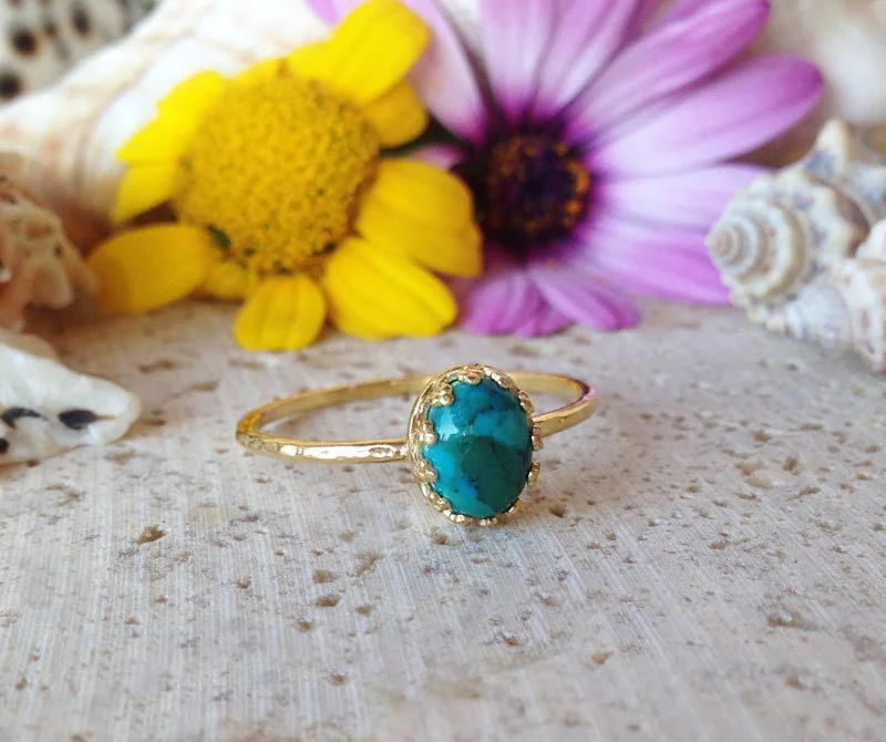 Ruby Gemstone Rings with Diamond AccentsGreen Turquoise Ring - December Birthstone - Delicate Hammered Oval Crown Ring with Green Turquoise Gemstone