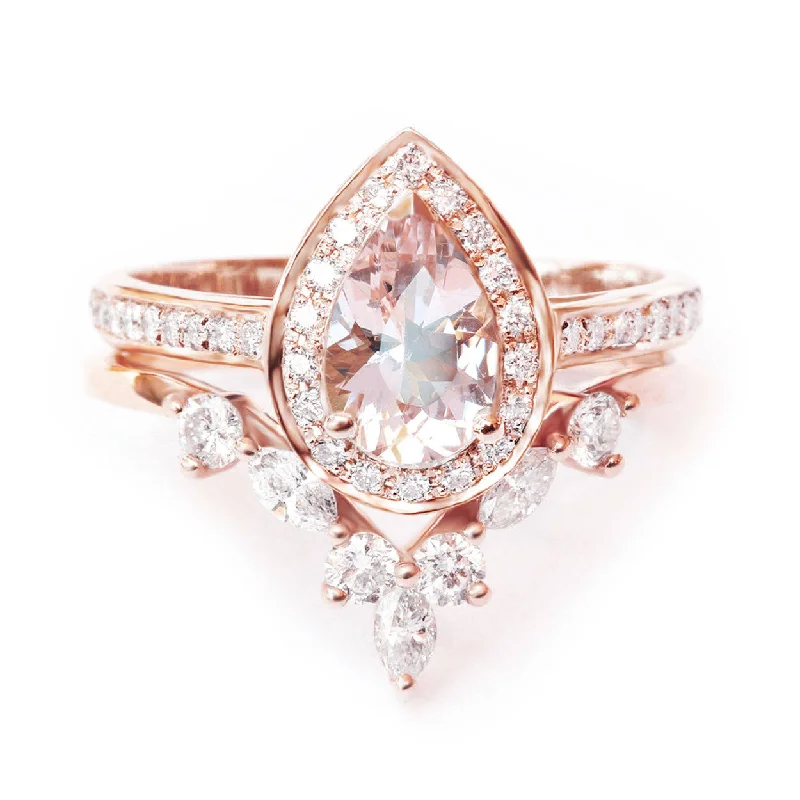 Ruby Gemstone Rings with Diamond AccentsNia & Hermes - Pear Morganite & Diamond Halo Ceremonial Ring set