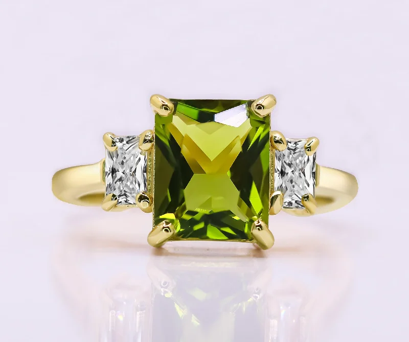 Sapphire Gemstone Rings in a Cathedral SettingPeridot Ring - August Birthstone Jewelry - Statement Engagement Ring with Octagon Peridot Gemstone and Clear Quartz Accents