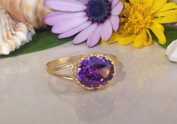 Sapphire Gemstone Rings in a Cathedral SettingPurple Amethyst Ring - February Birthstone - Double Band Vintage Oval Crown Ring with Purple Amethyst Gemstone