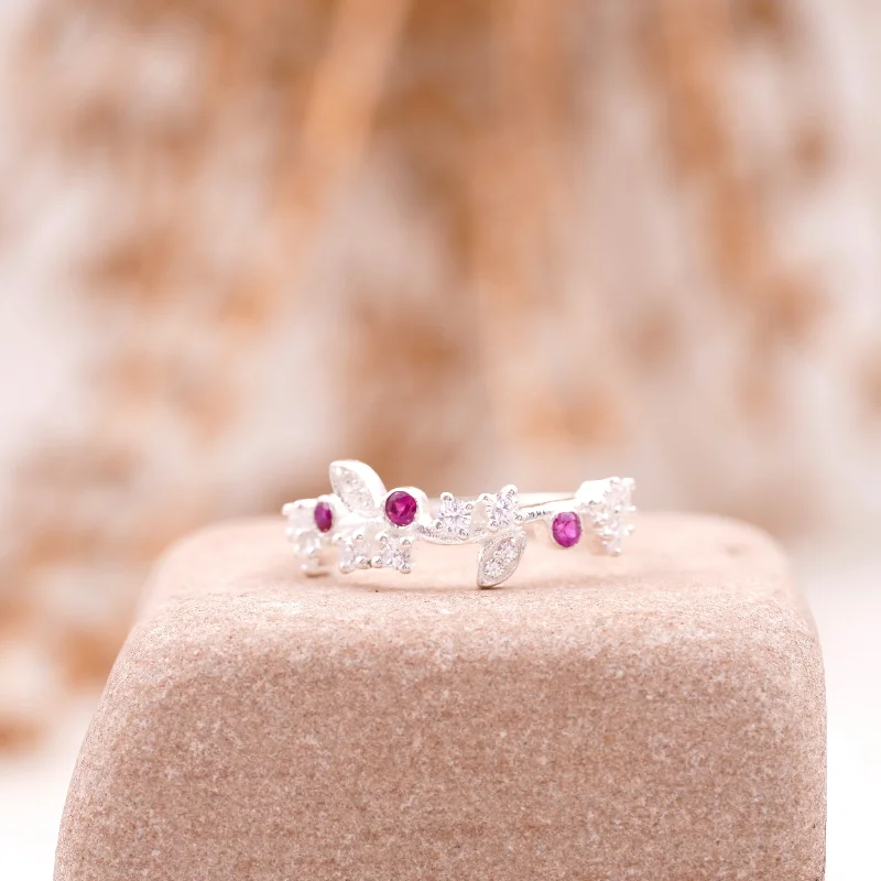 Matching Wedding Bands for a Coordinated LookNature Inspired Leaf CZ Diamond And Ruby Wedding Band 925 Sterling Silver