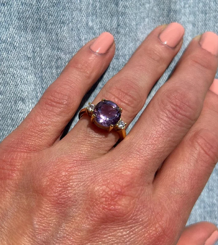 Ruby Gemstone Rings with Diamond AccentsPurple Amethyst Ring - February Birthstone - Round Purple Amethyst Gemstone Statement Engagement Ring with Clear Quartz Accents