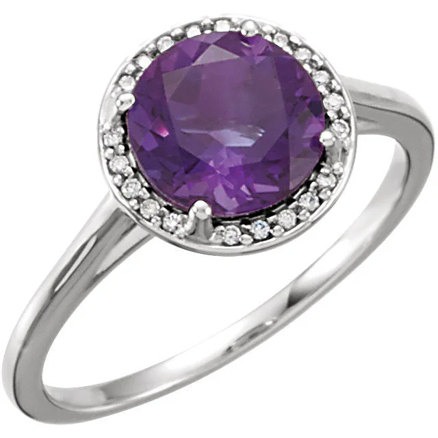 Amethyst Gemstone Rings in a Vintage - Style Setting14k Gold Amethyst and .05CTW Diamond Halo Ring