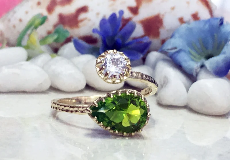 Amethyst Gemstone Rings in a Vintage - Style SettingDual Gemstone Ring - Two Birthstone Ring - Hammered Band Ring with Pear-Shaped Peridot Gemstone and Round Clear Quartz