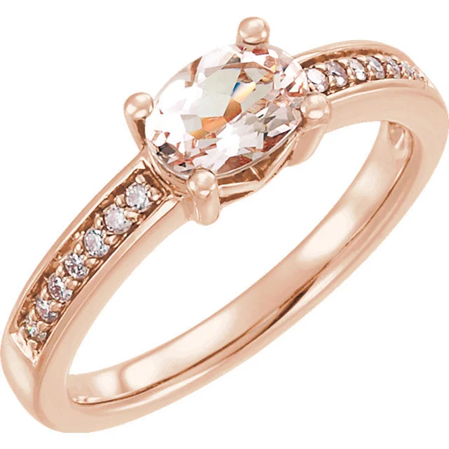 Emerald Gemstone Rings with Filigree - Bordered Settings14k Rose Gold Horizontal Oval Morganite & 1/10 CTW Diamond Ring