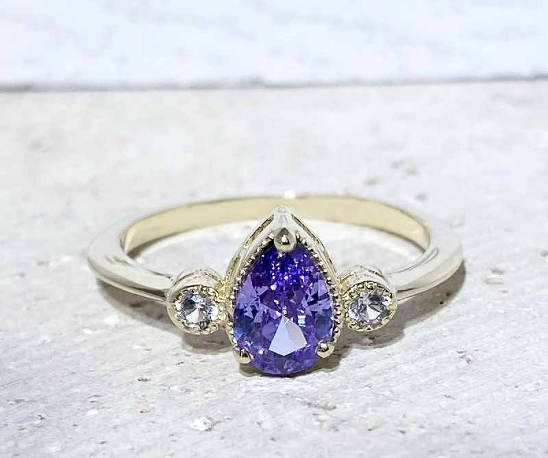 Emerald Gemstone Rings with Filigree - Bordered SettingsLavender Amethyst Ring - Tiny Delicate Ring with Pear-Shaped Lavender Amethyst and Clear Quartz Accents