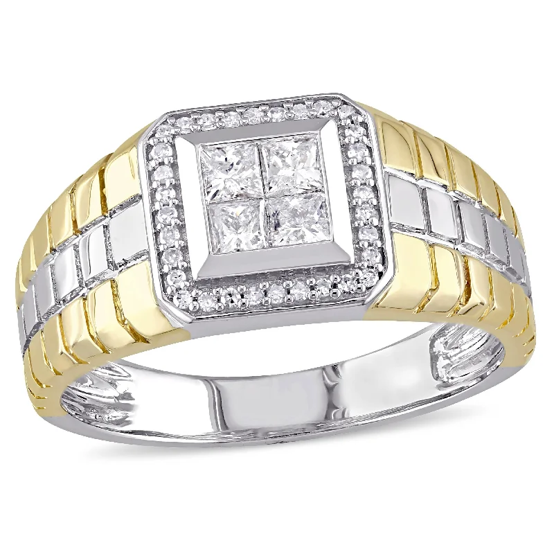 Three - Stone Diamond Rings with Princess - Cut DiamondsMiadora 1/2ct TDW Princess Cut Quad and Round Diamond Mens Ring in Two-Tone 10k Gold