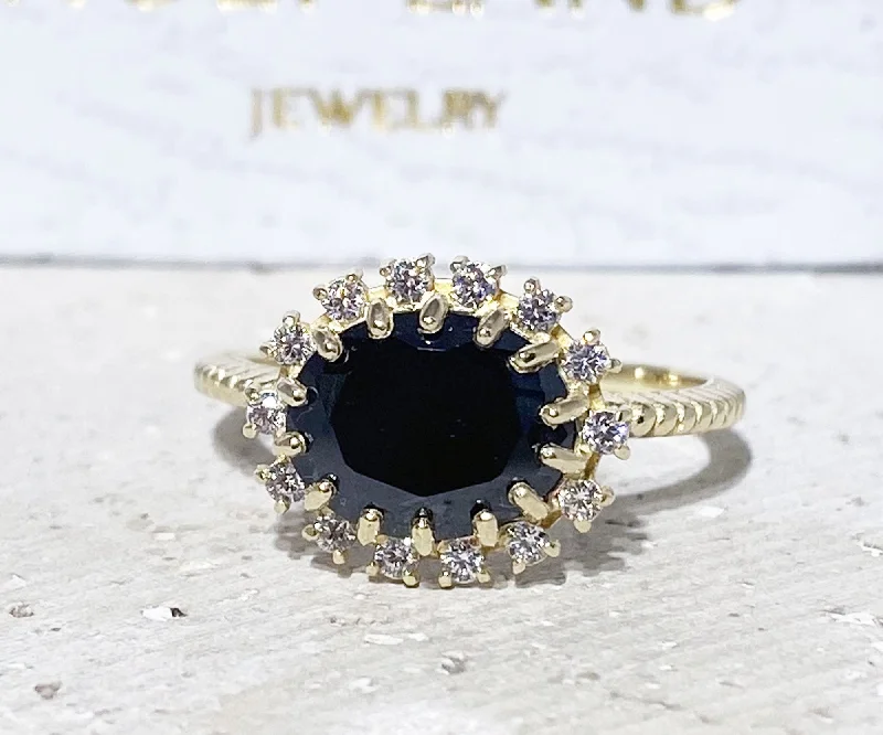 Emerald Gemstone Rings with Filigree - Bordered SettingsBlack Onyx Ring - December BIrthstone - Engagement Ring with Oval Black Onyx Gemstone and Clear Quartz Halo